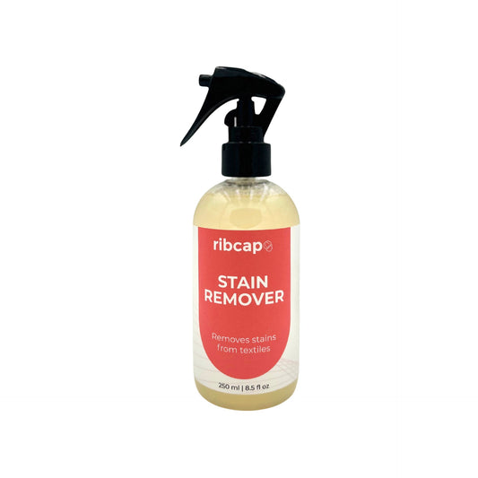 Bottle of ribcap stain remover on a white background.